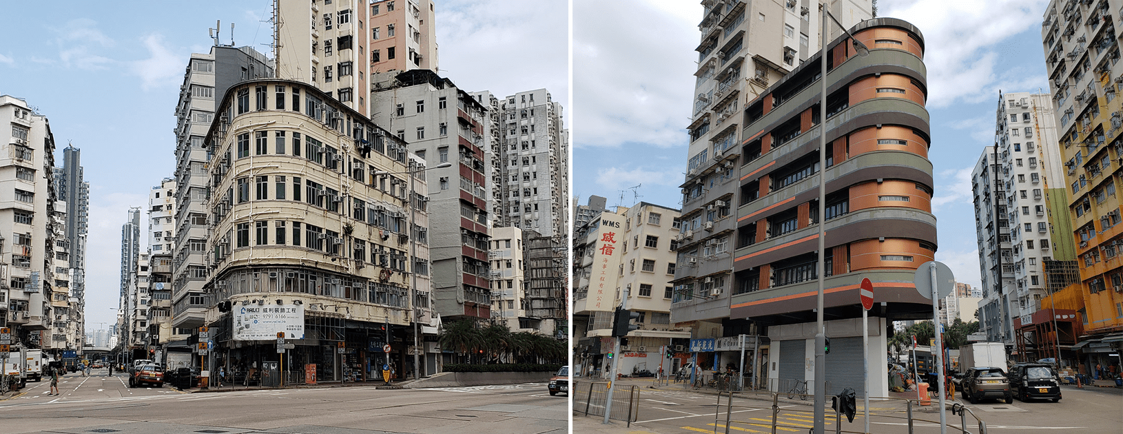 Triangular corner buildings at 194-196 Lai Chi Kok Rd. and 14 Nam Cheong St.