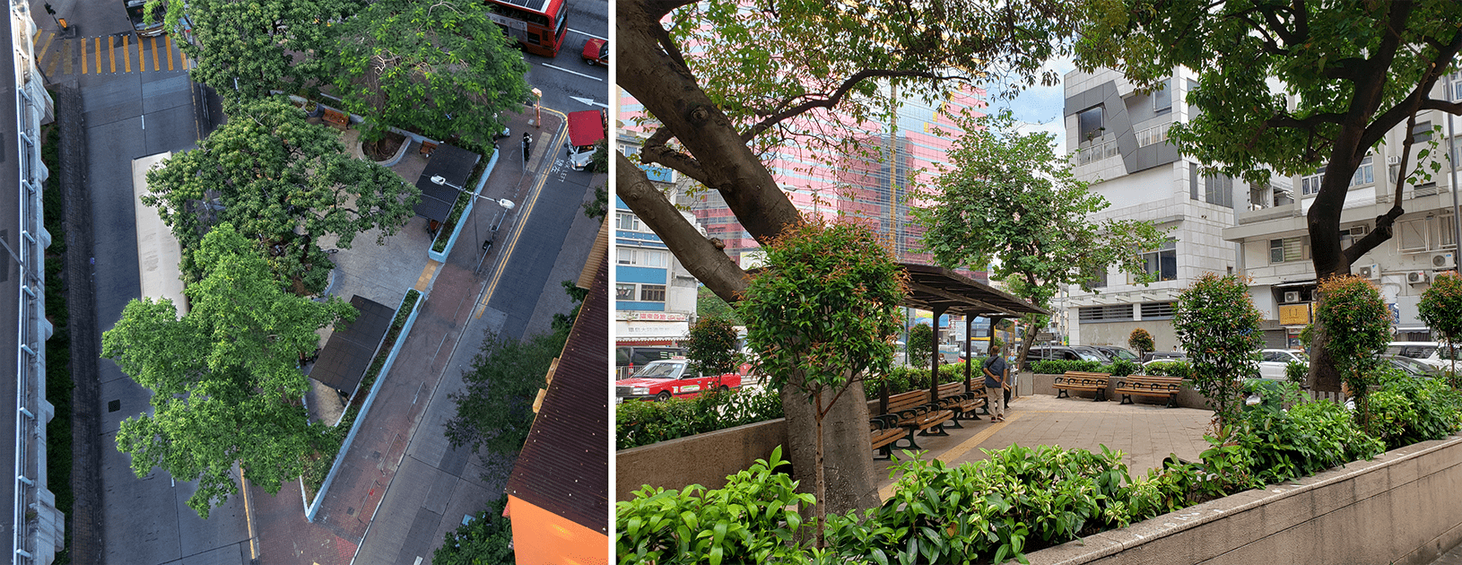 Two triangular sitting-out areas on Lai Chi Kok Road.