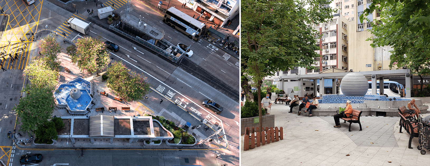 Overhead and street views of the Mong Kok Civic Triangle