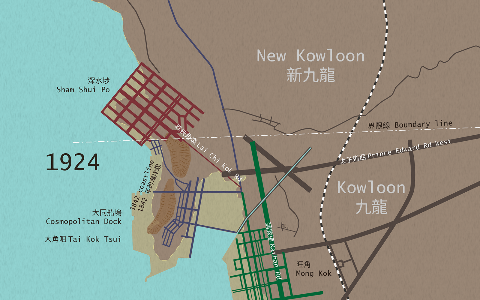 Map of Mong Kok, Sham Shui Po, Tai Kok Tsui and Prince Edward street networks in 1924