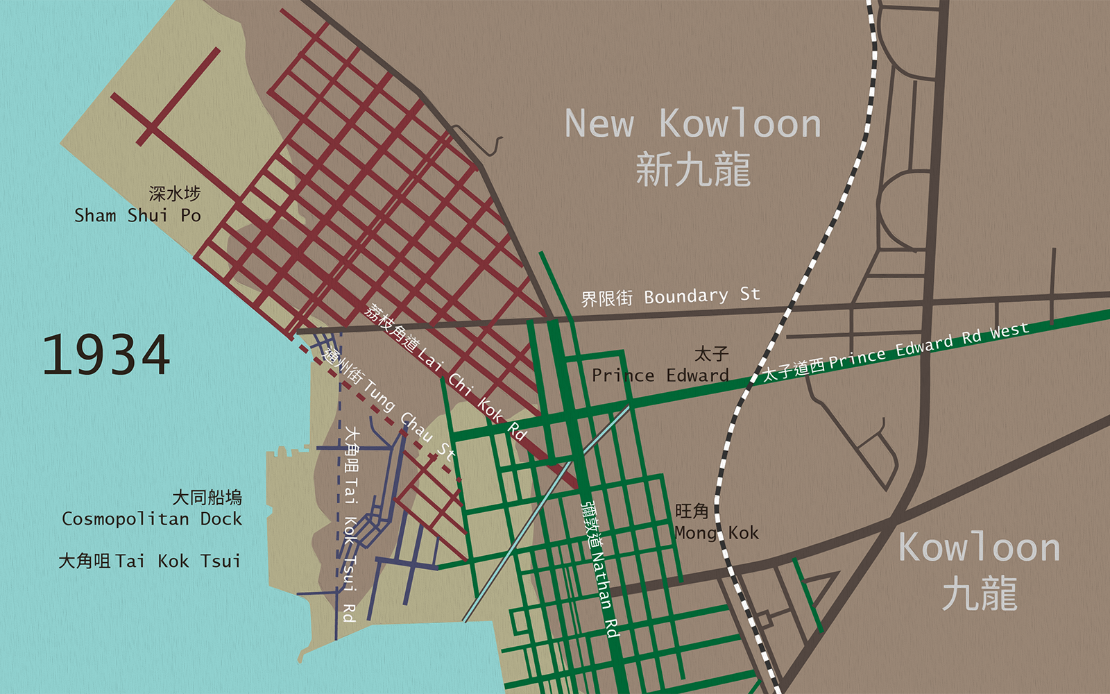 Map of Mong Kok, Prince Edward, Tai Kok Tsui and Sham Shui Po street networks in 1934