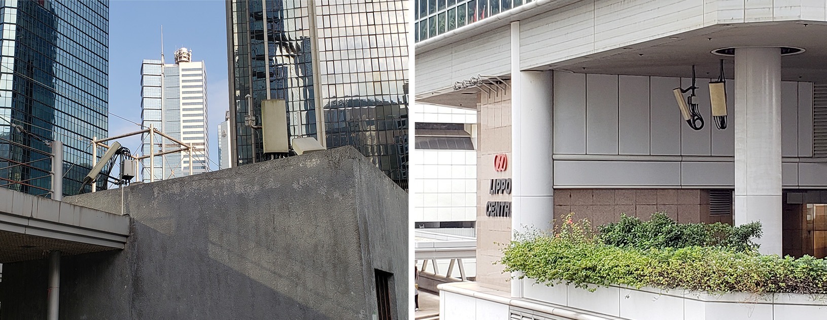 Cell antenna on the roof of the Queensway bus terminus and picocells on the ceiling of the Lippo Centre’s podium garden