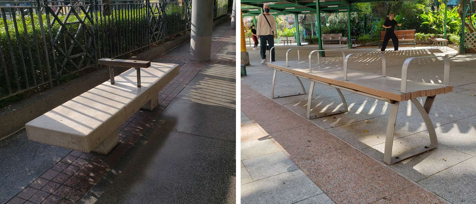 Divided benches make lying down difficult 有扶手分隔的長凳，令人難以躺臥