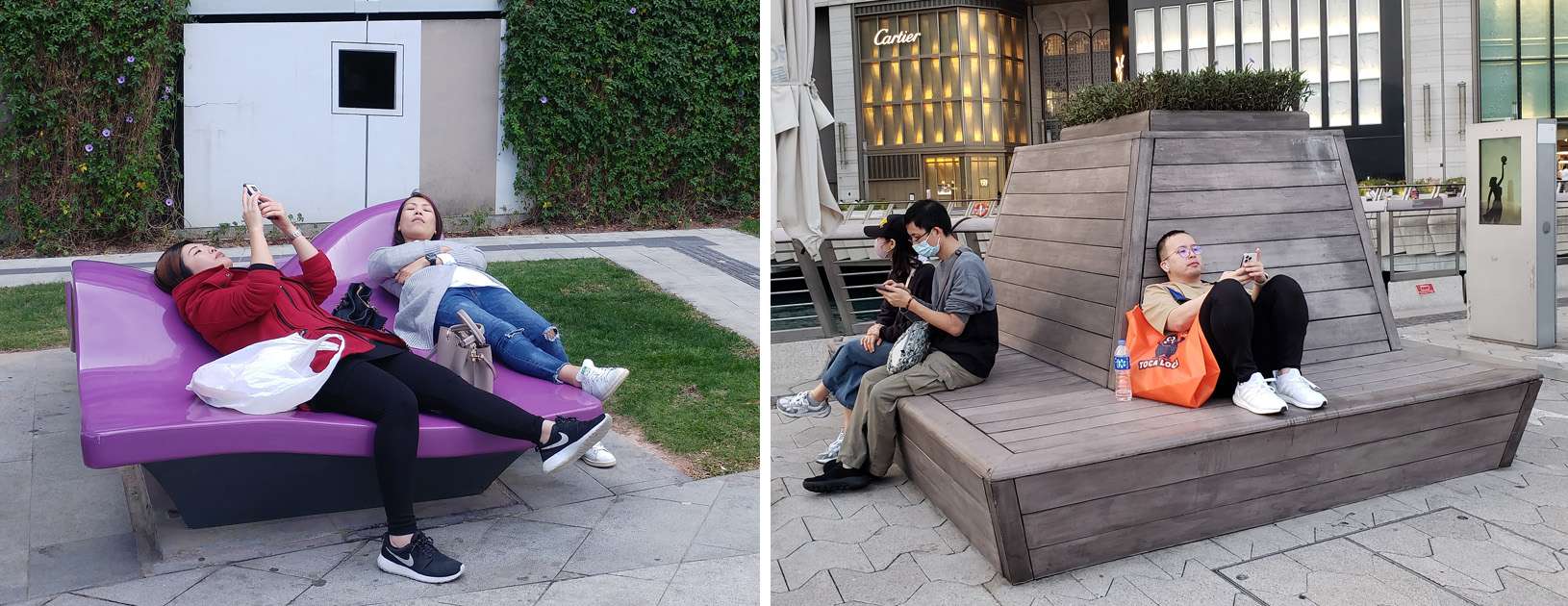 Reclining bench at Cornwall Street Park outside Festival walk. Seat designed for leaning back on the Tsim Sha Tsui waterfront. 又一城外歌和老街公園的斜躺椅。尖沙咀海傍的可靠背座位