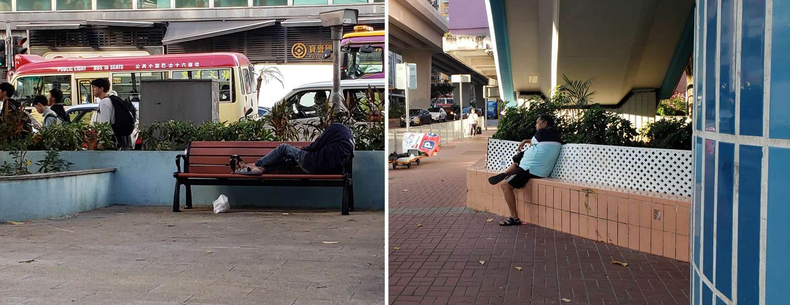 A man sleeps on a bench in spite of armrests designed to prevent lying down, and a man uses a fence around a flower bed as a back rest. 一名睡在有扶手長椅上的男子。一名把花槽的圍欄當作靠背的男子