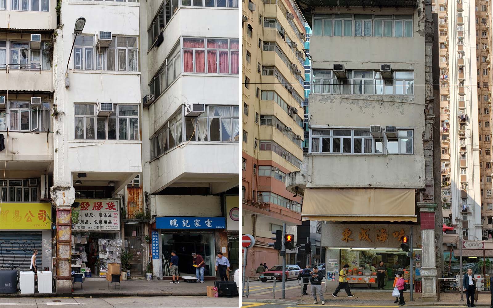 Orphaned pillars on Nam Cheong Street, Sham Shui Po (left) and Des Voeux Road West (right). 左：南昌街上的單邊柱 右：德輔道西上的單邊柱