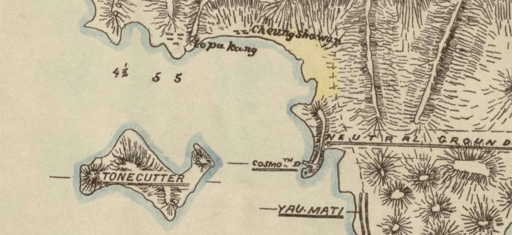 Cheung Sha Wan beach, from map by Lieutenant E.G. Young, R.E., 1890. 1890年中尉E.G. Young, R.E.繪製地圖上的長沙灣海灘。