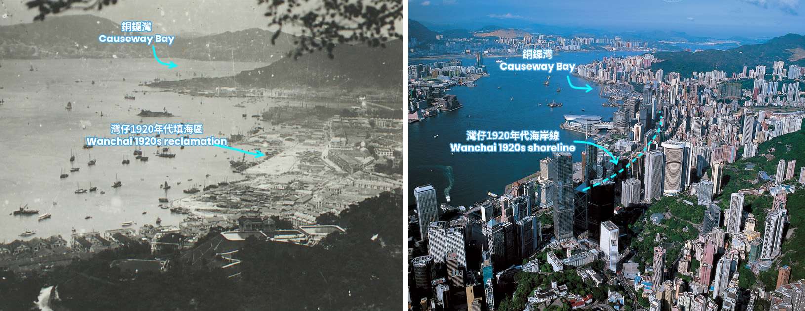 Wan Chai and Causeway Bay in 1921 and 2004. 1921年與2004年的灣仔與銅鑼灣。