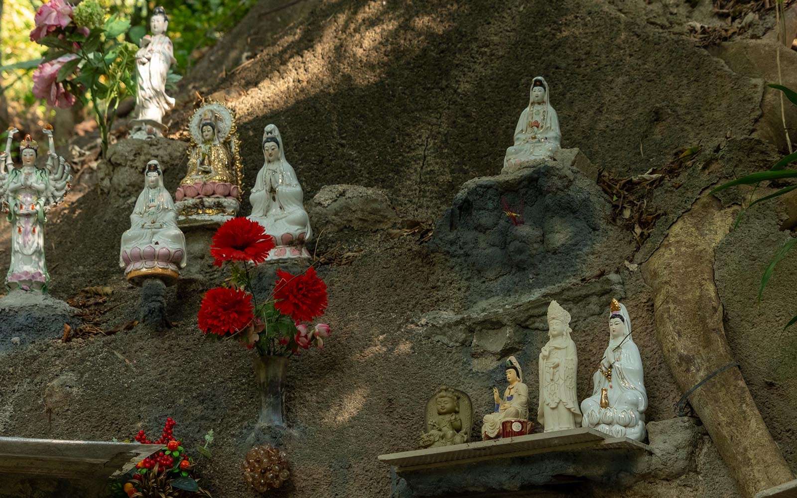 A collection of Guanyin statues at one of Bishop Hill’s smaller shrines. 主教山上小社壇中的一系列觀音像