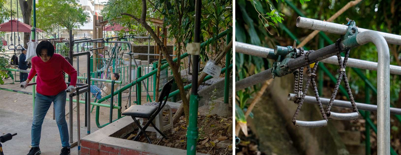 Left: A woman using a DIY massage machine. Right: Playground equipment made with recycled bicycle chains. 左：一位女士正在使用DIY按摩器材。右：以舊單車鏈做成的健身器具。