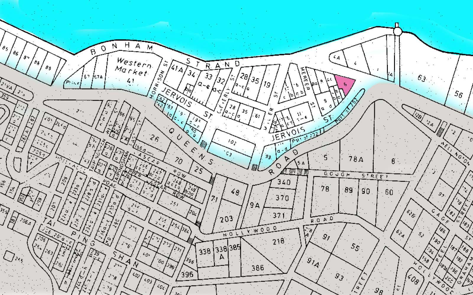 Plan of Victoria, 1856. Showing Bonham Strand as the new coastline 維多利亞城地圖（1856 ），顯示文咸街為新的海岸線。