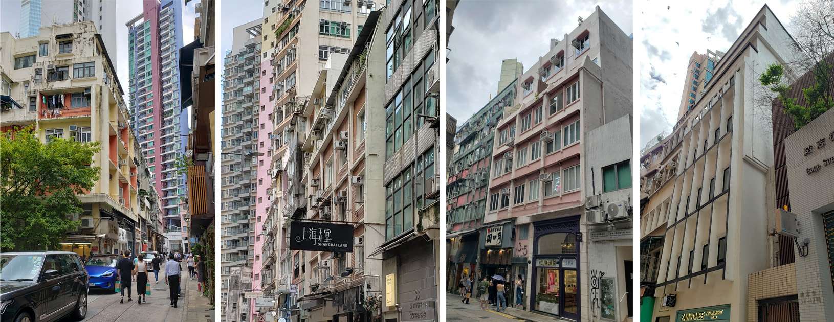 Six-storey tong laus on very narrow streets in Sheung Wan with subtle set-backs near the top. Photo credit: City Unseen. 上環一帶的窄街上，六層高的唐樓在靠近頂層的位置微微退後。圖片來源：香港建解。