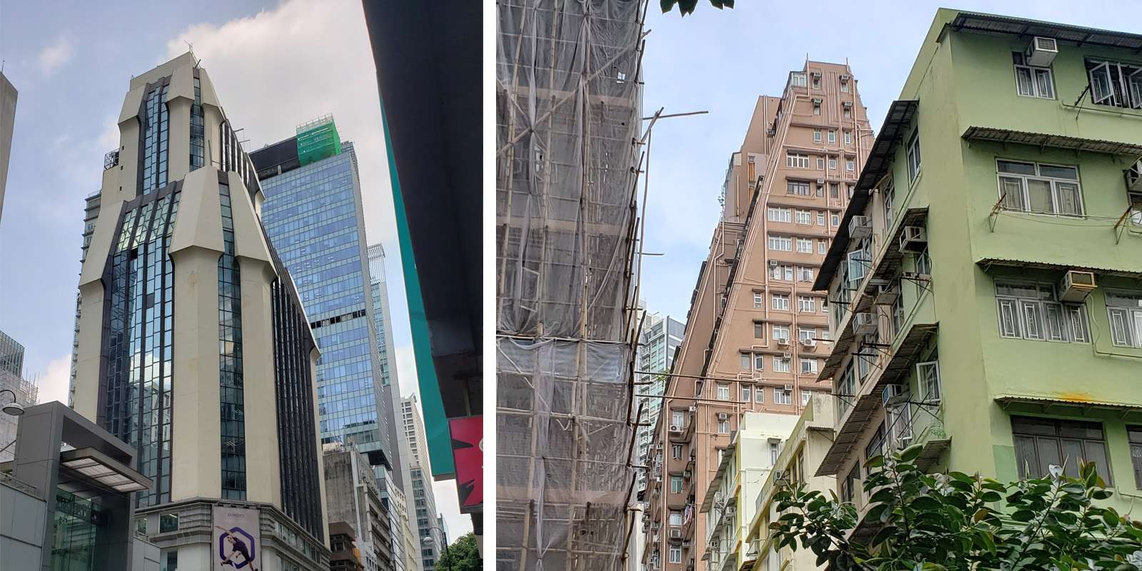 Commercial and residential buildings built in the late 1970s with angled profiles due to the street shadow rule. Left: The Asia Standard Tower, Central. Right: Wah Koon Building, Sheung Wan. Photo credit: City Unseen 1970年代建成的商住樓宇因為街影法而有著斜角外觀。左：中環的泛海大廈。 右：上環華冠大廈。圖片來源：香港建解。