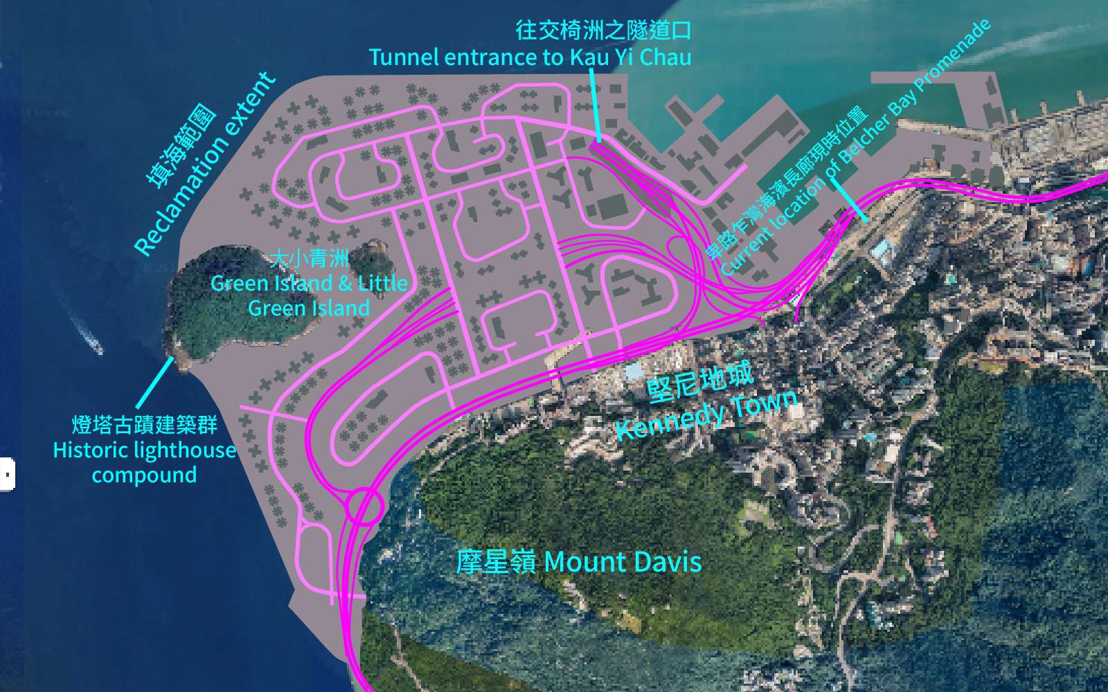 The Green Island reclamation plan with road and street block layout. Graphic by City Unseen based on Green Island Reclamation Feasibility Study, 1994. Base map © Google 2014. 青洲填海計劃的道路交通網絡設計。此圖為香港建解根據青洲填海計劃可行性研究（1994）而繪製。基礎地圖 © Google 2014。