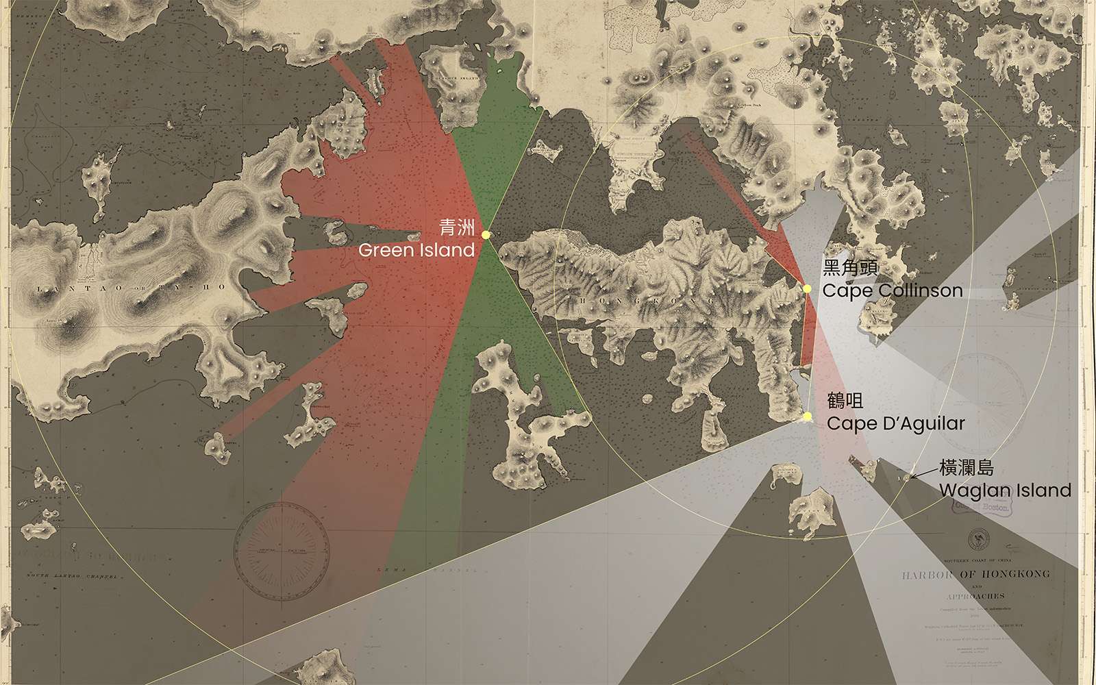 Locations, range, and coloured sectors of Hong Kong’s three original lighthouses, 1876-1896. Based on the Hong Kong Government Gazette (1875-76) and map by the Hydrographic Office, Navy Department, Washington D.C., USA (1889). 香港最早的三座燈塔之位置、覆蓋範圍及顏色區，1876-1896年，根據香港政府憲報（1875-76）及美國華盛頓特區海軍部水文局地圖（1889）繪製。