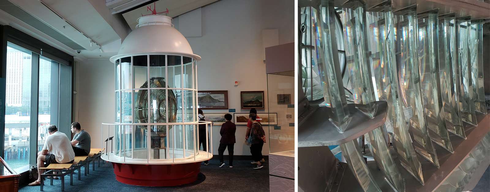 Fresnel lens from Waglan Lighthouse at the Hong Kong Maritime Museum. Right: A close-up of the glass prisms that comprise the lens. 香港海事博物館內展示橫瀾燈塔的菲涅爾透鏡。右圖：組成透鏡的玻璃棱鏡特寫。